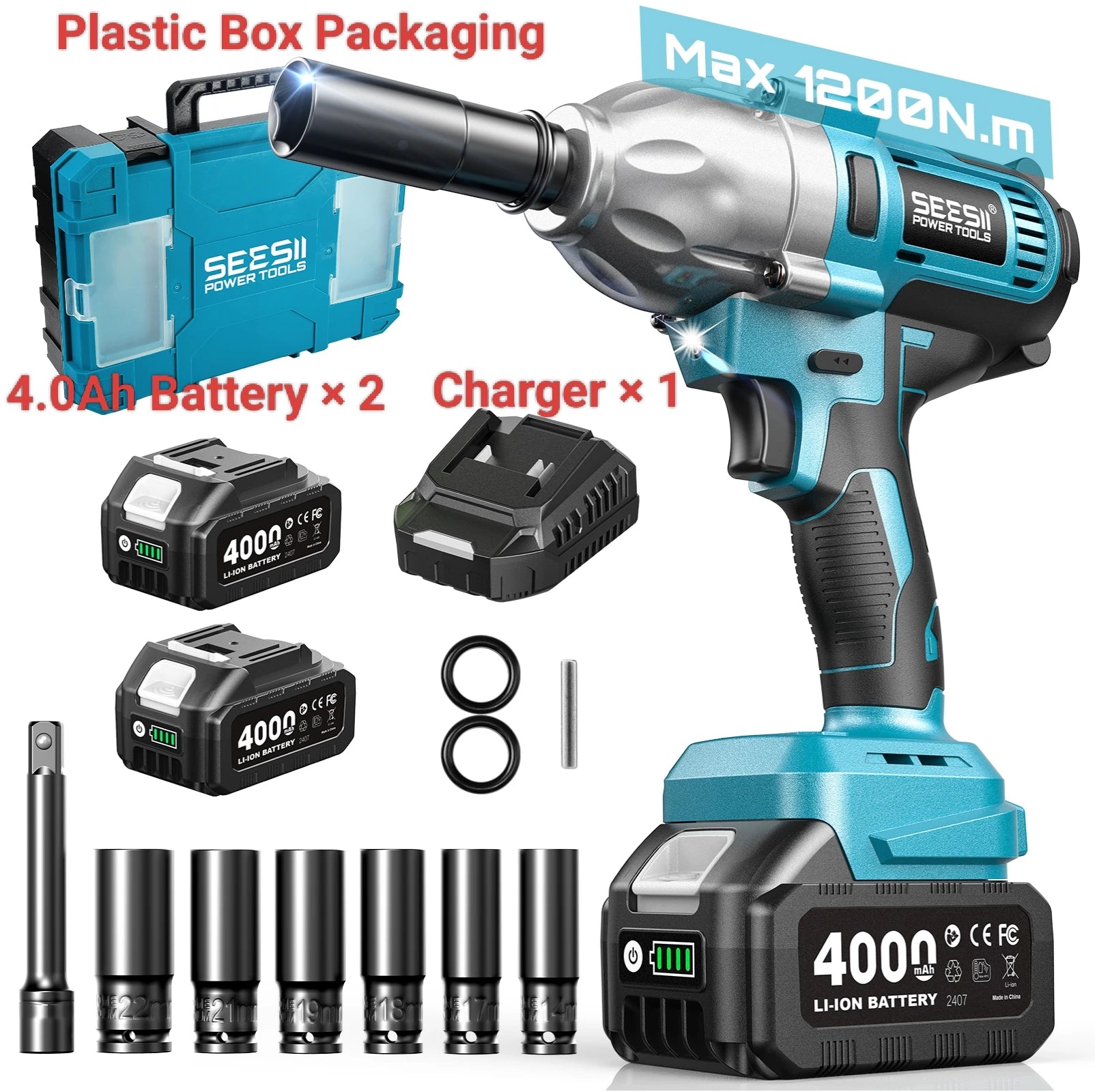 Seesii Real 1200N.m Electric Impact Wrench Brushless 1/2" High Torque Handheld Cordless Impact Gun Tool Kit LED Light 6 Socket