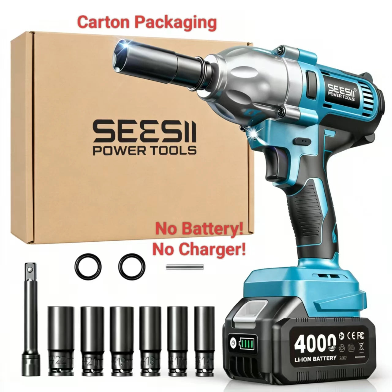 Seesii Real 1200N.m Electric Impact Wrench Brushless 1/2" High Torque Handheld Cordless Impact Gun Tool Kit LED Light 6 Socket