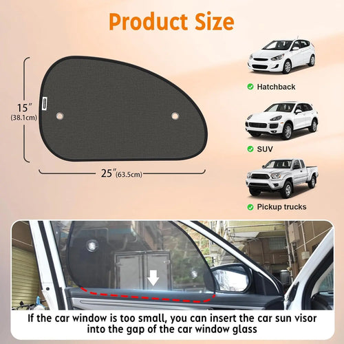 25"x15" Car Window Shades (2 Pack) - Blocks 99.98% UV, Easy Install with Suction Cups