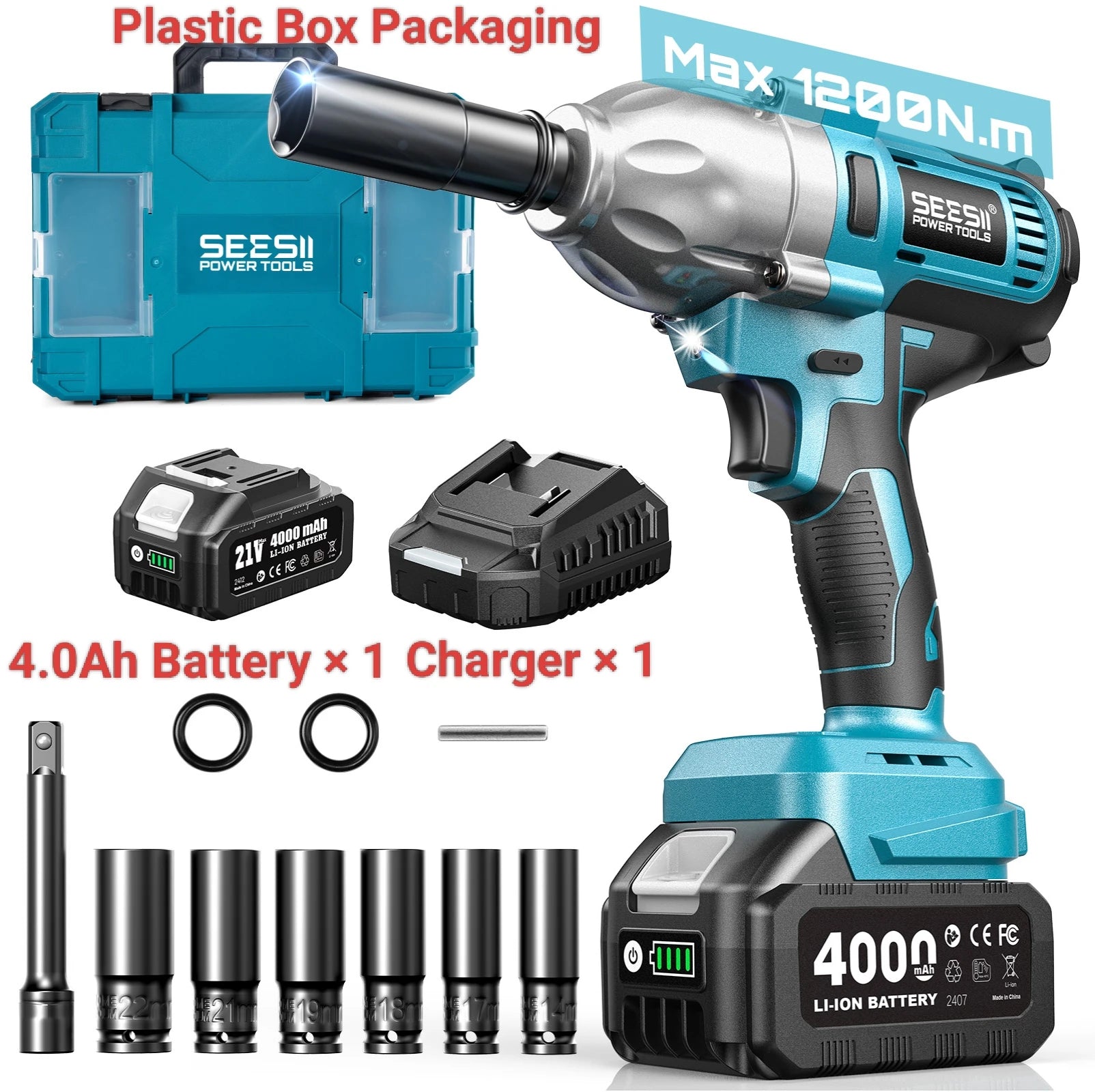 Seesii Real 1200N.m Electric Impact Wrench Brushless 1/2" High Torque Handheld Cordless Impact Gun Tool Kit LED Light 6 Socket
