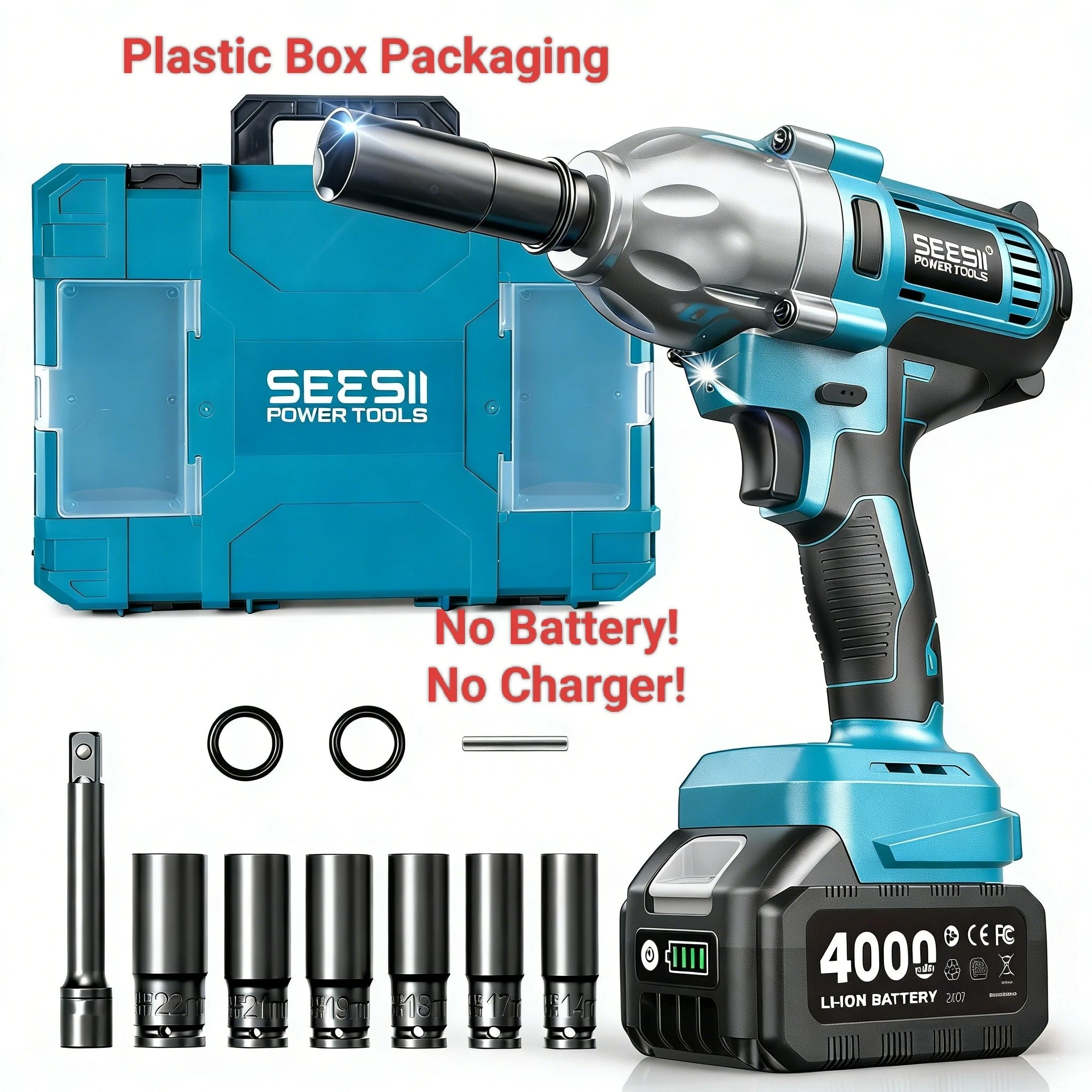 Seesii Real 1200N.m Electric Impact Wrench Brushless 1/2" High Torque Handheld Cordless Impact Gun Tool Kit LED Light 6 Socket