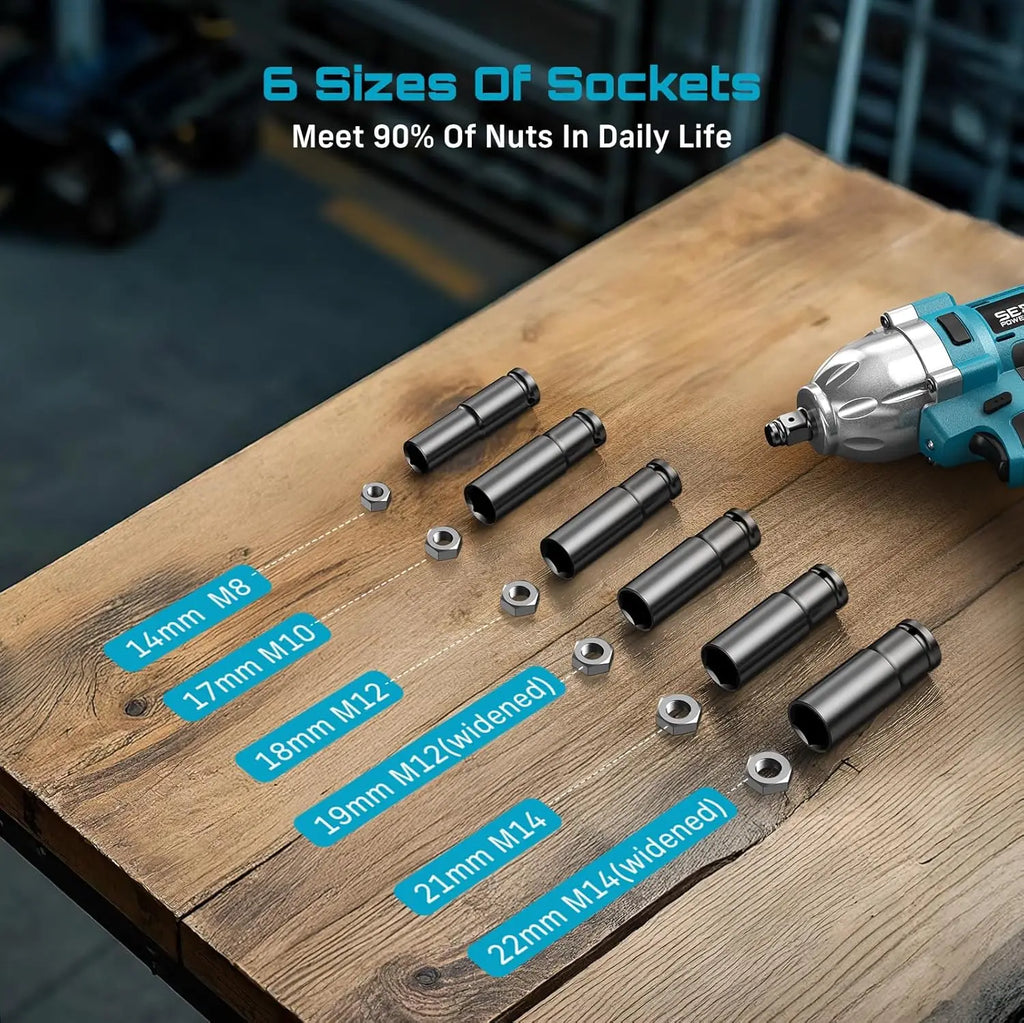 Seesii Real 1200N.m Electric Impact Wrench Brushless 1/2" High Torque Handheld Cordless Impact Gun Tool Kit LED Light 6 Socket